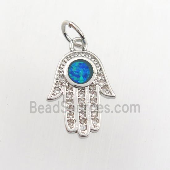 copper hamsahand pendant paved zircon with fire opal, platinum plated