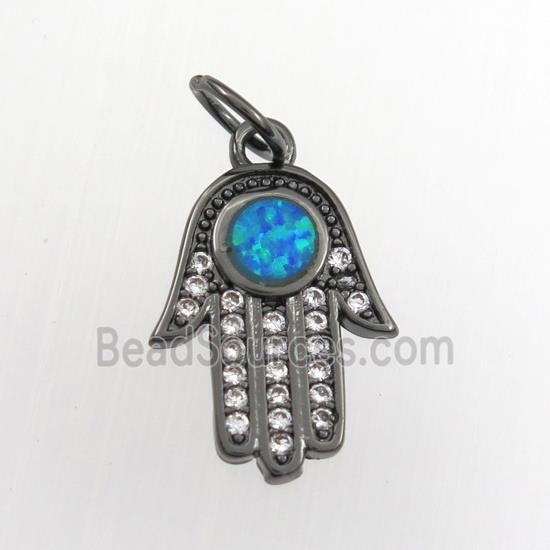 copper hamsahand pendant paved zircon with fire opal, black plated