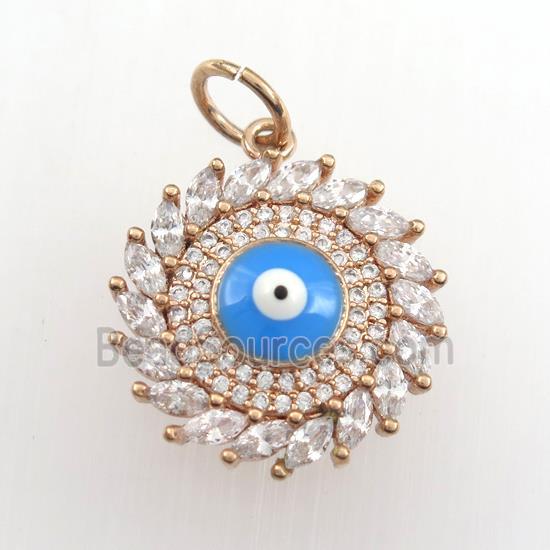 copper sun pendant paved zircon with evil eye, rose gold