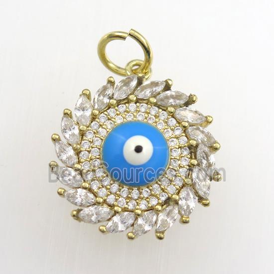 copper sun pendant paved zircon with evil eye, gold plated