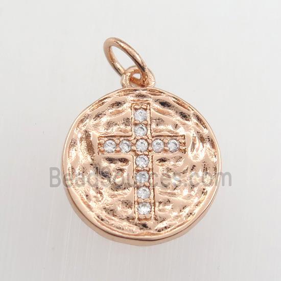 copper circle pendant paved zircon with cross, hammered, rose gold