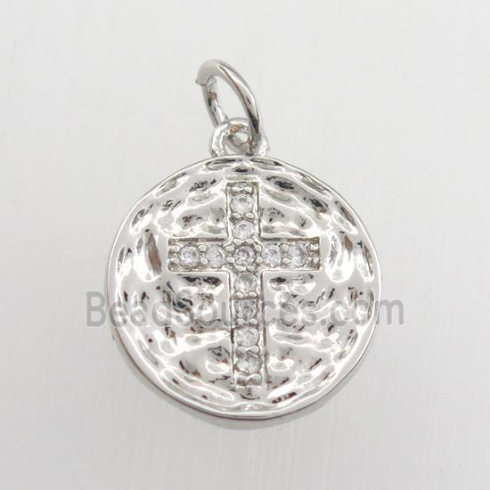 copper circle pendant paved zircon with cross, hammered, platinum plated