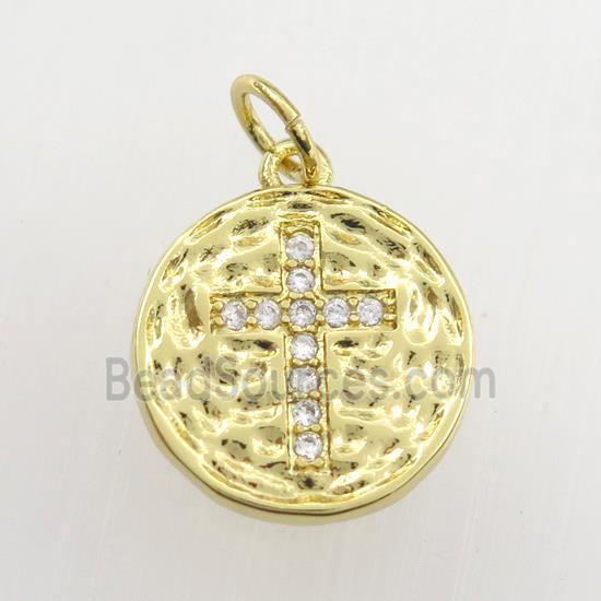 copper circle pendant paved zircon with cross, hammered, gold plated