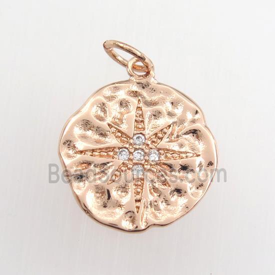 copper circle pendant paved zircon with northstar, hammered, rose gold