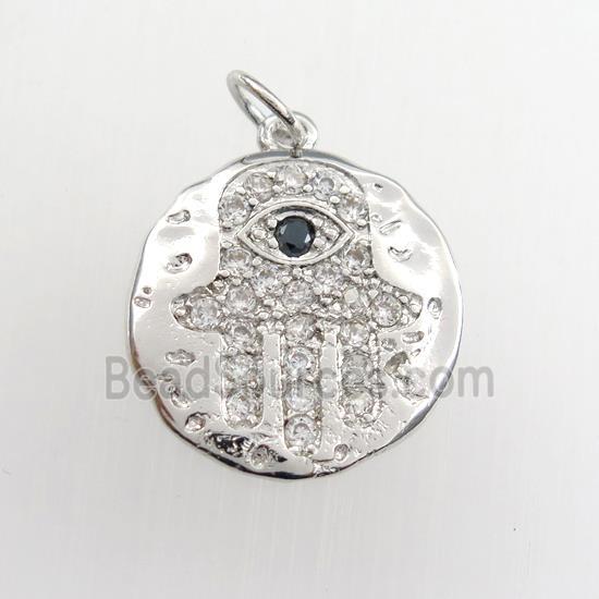 copper circle pendant paved zircon with hamsahand, hammered, platinum plated