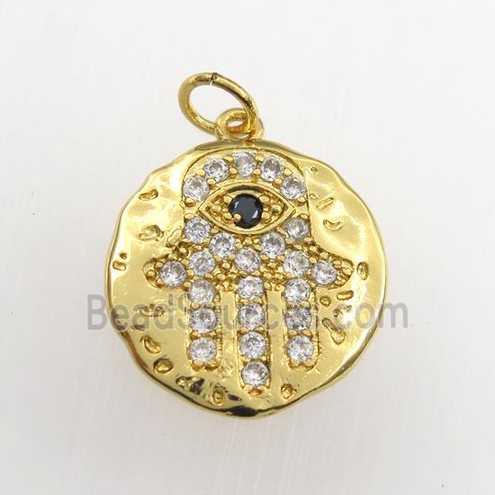 copper circle pendant paved zircon with hamsahand, hammered, gold plated