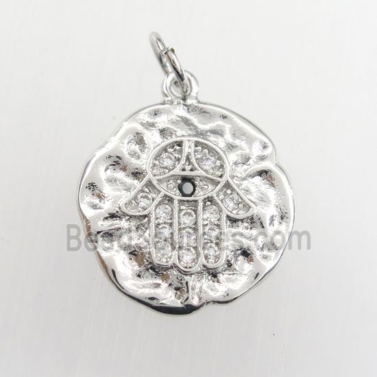 copper circle pendant paved zircon with hamsahand, hammered, platinum plated