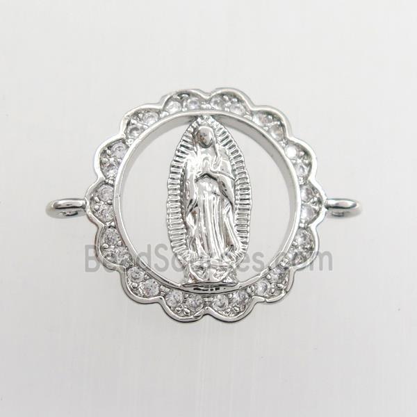 copper circle connector paved zircon with Jesus, platinum plated