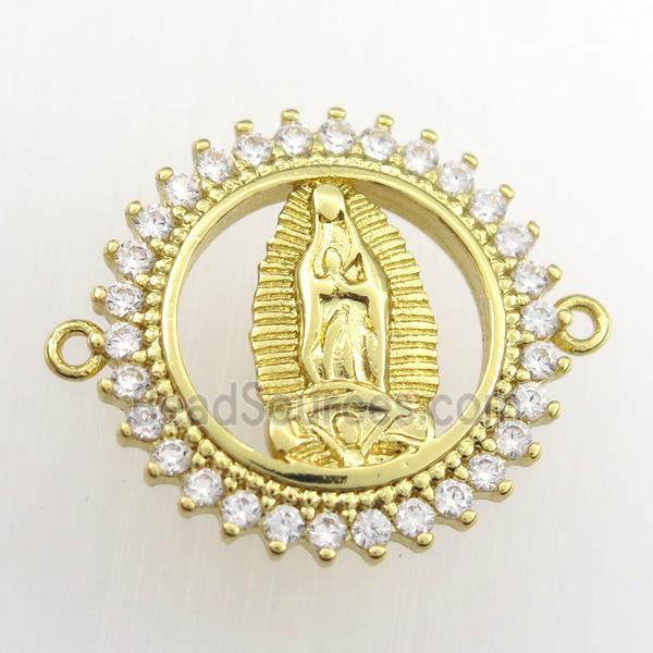 copper circle connector paved zircon with Jesus, religious, gold plated