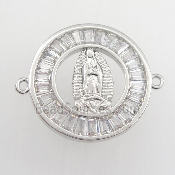 copper circle connector paved zircon with Jesus, religious, platinum plated