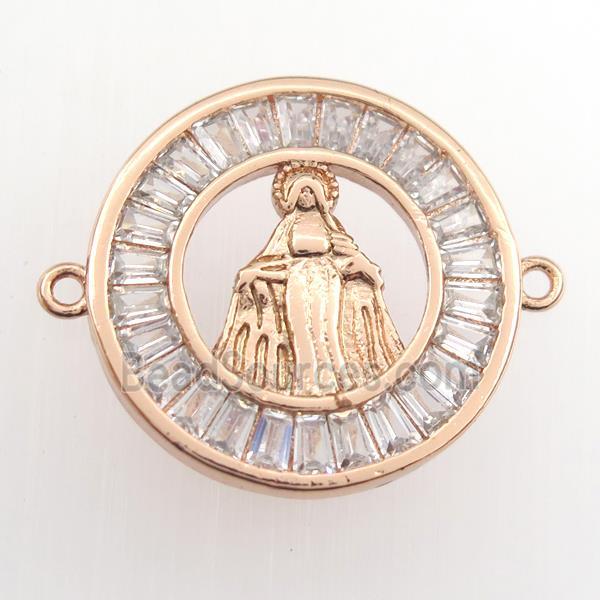 copper circle connector paved zircon with Jesus, rose gold