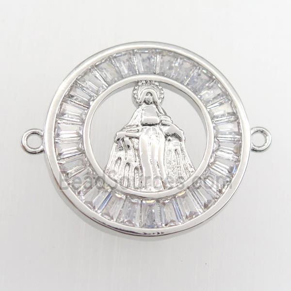 copper circle connector paved zircon with Jesus, platinum plated