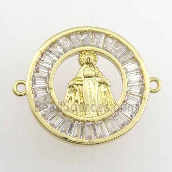 copper circle connector paved zircon with Jesus, gold plated