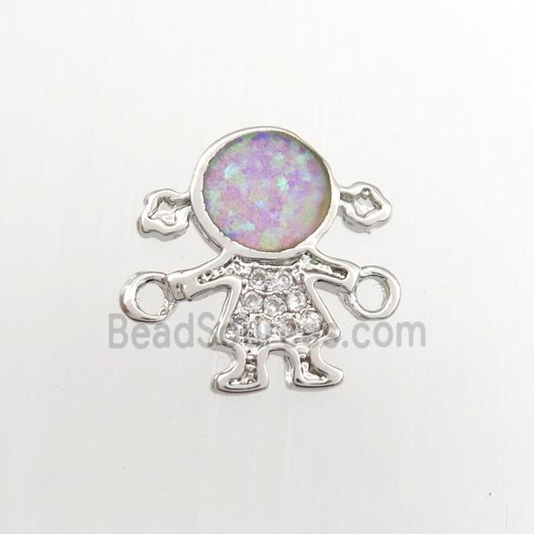 copper kids connector paved zircon with fire opal, platinum plated