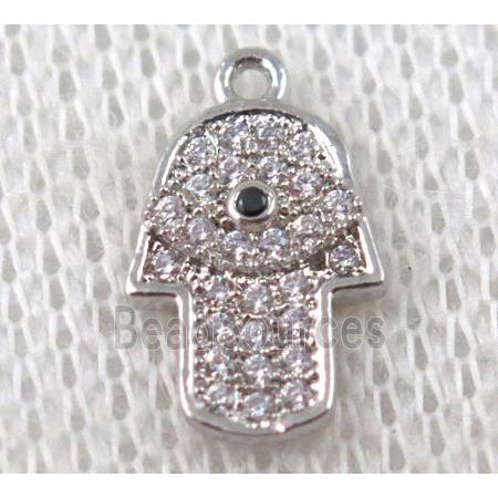 copper hamsahand pendant paved zircon, platinum plated