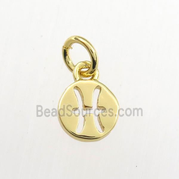 copper circle pendant, zodiac pisces, gold plated