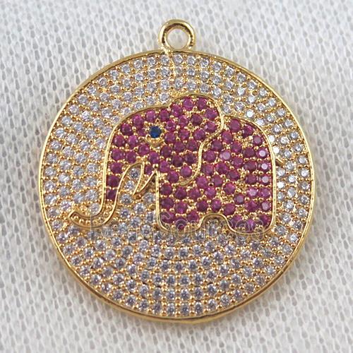 copper pendant paved zircon, elephant, gold plated