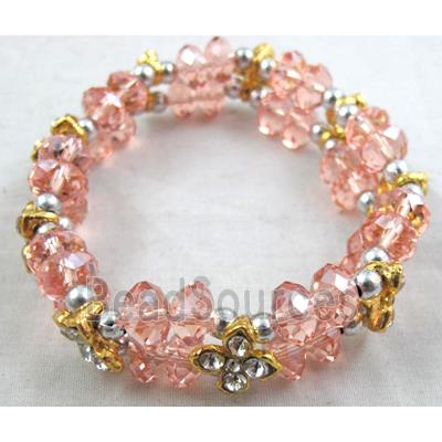 Chinese Crystal Glass Bracelet, rhinestone, stretchy, rose-pink