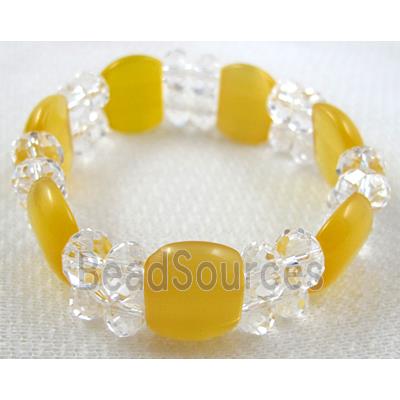 stretchy Bracelet with Chinese crystal beads, cat eye beads, yellow