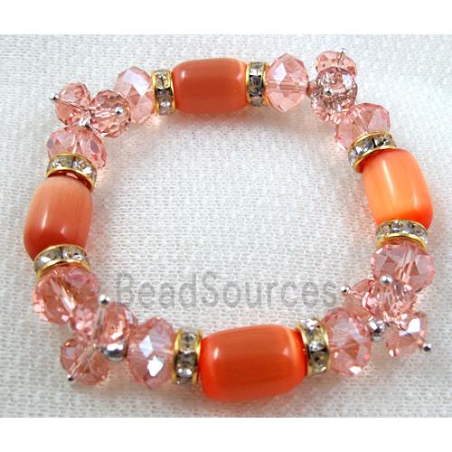 stretchy Bracelet with Chinese crystal beads, rhinestone, cat eye beads, red