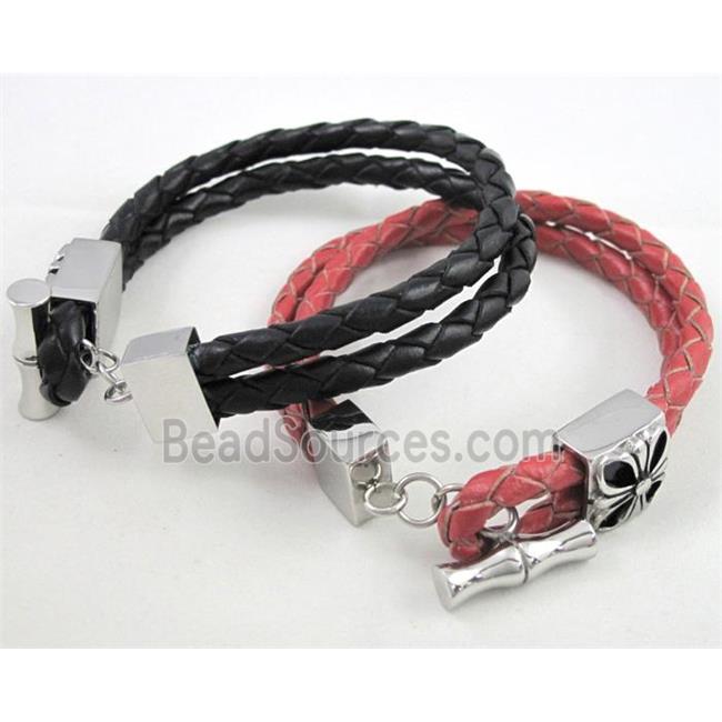 leather bracelet with stainless steel, handmade, mixed