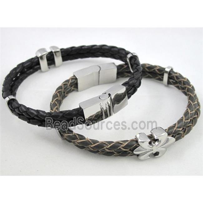 leather bracelet with stainless steel, handmade, mixed