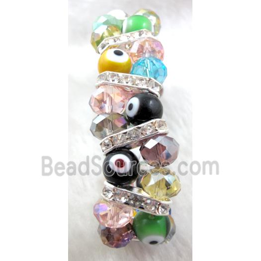 lampwork glass bracelet with crystal beads, stretchy, evil eye