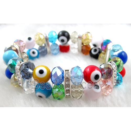 lampwork glass bracelet with crystal beads, stretchy, evil eye