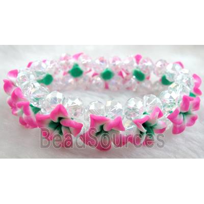 Fimo clay bracelet with crystal glass, stretchy, hot-pink