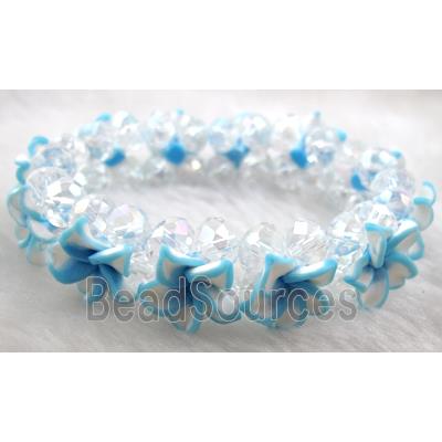 Fimo clay bracelet with crystal glass, stretchy, aqua