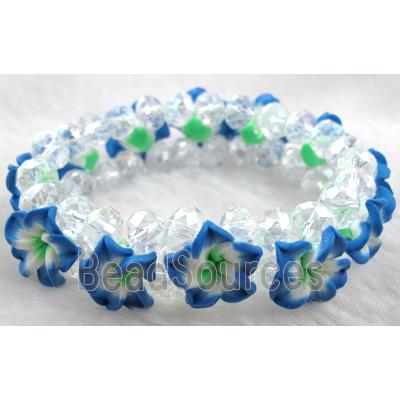 Fimo clay bracelet with crystal glass, stretchy, blue