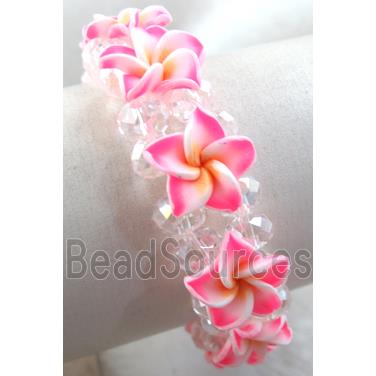 Fimo clay bracelet with crystal glass, stretchy, pink