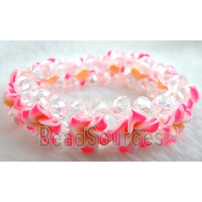 Fimo clay bracelet with crystal glass, stretchy, pink