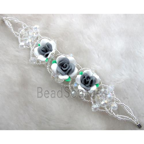 fimo clay bracelet with crystal glass, grey, white