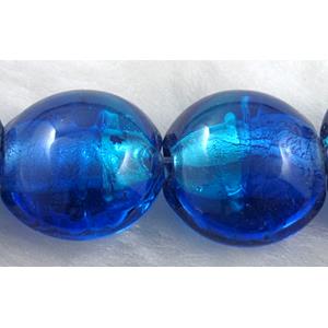 dichromatic lampwork glass beads with foil, flat-round, blue