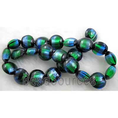 dichromatic lampwork glass beads with foil, flat-round, green