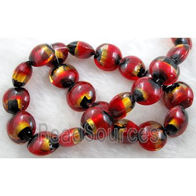 dichromatic lampwork glass beads with foil, flat-round, red