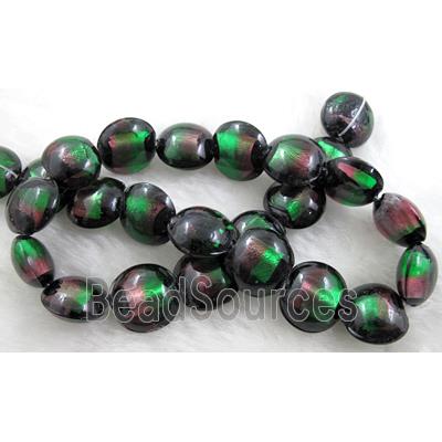 dichromatic lampwork glass beads with foil, flat-round, green, purple