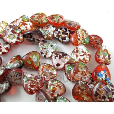 lampwork beads with silver foil, heart, red