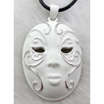 lacquered mask Necklace, alloy, rubber cord, white