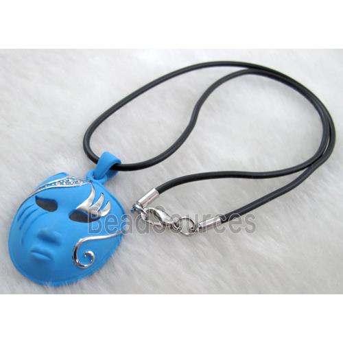 lacquered mask Necklace, alloy, rubber cord, blue