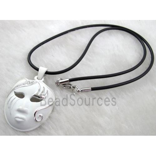 lacquered mask Necklace, alloy, rubber cord, white