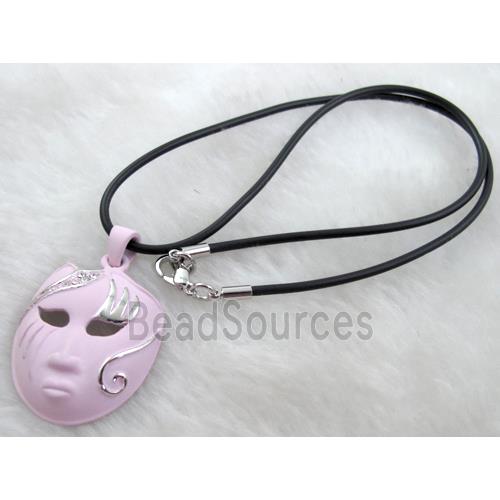 lacquered mask Necklace, alloy, rubber cord, pink