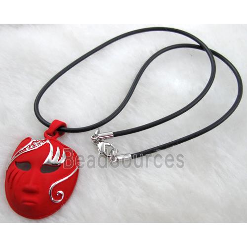 lacquered mask Necklace, alloy, rubber cord, red