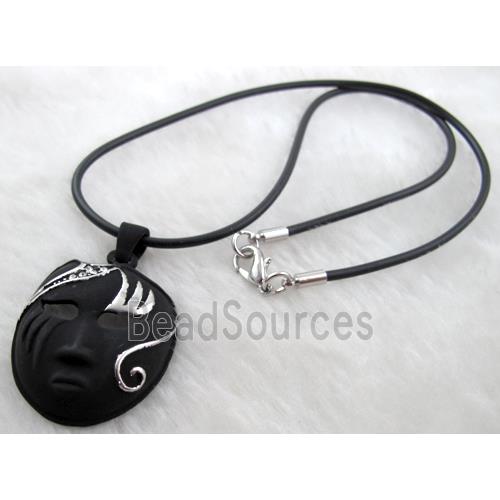 lacquered mask Necklace, alloy, rubber cord, black