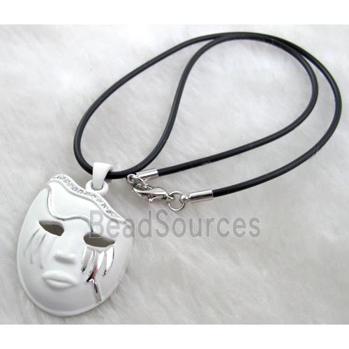 lacquered mask Necklace, alloy, rubber cord, white