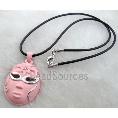 lacquered mask Necklace, alloy, rubber cord