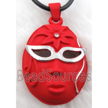 lacquered mask Necklace, alloy, rubber cord, red