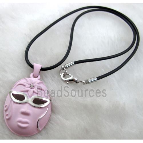 lacquered mask Necklace, alloy, rubber cord, pink