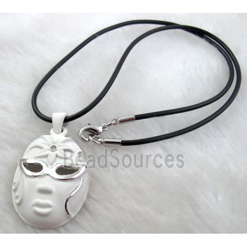 lacquered mask Necklace, alloy, rubber cord, white